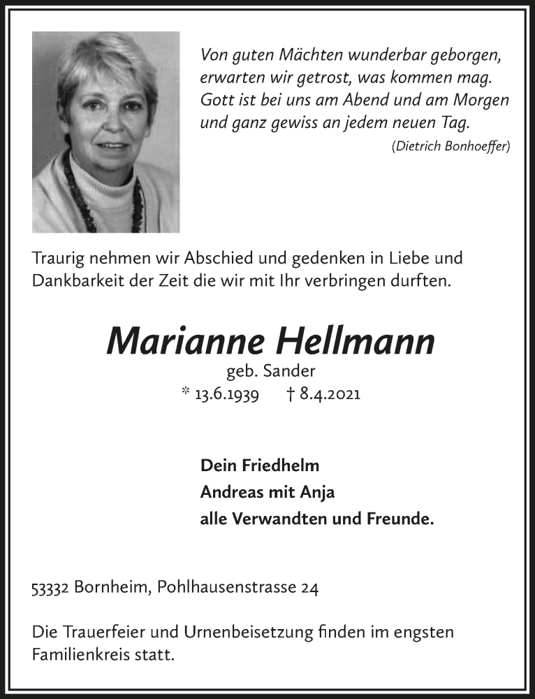  Traueranzeige für Marianne Hellmann vom 16.04.2021 aus  Schaufenster/Blickpunkt 