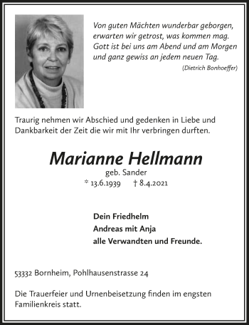 Anzeige von Marianne Hellmann von  Schaufenster/Blickpunkt 