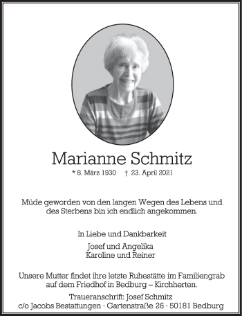 Anzeige von Marianne Schmitz von  Werbepost 