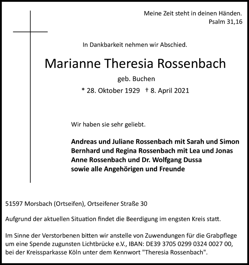  Traueranzeige für Marianne Theresia Rossenbach vom 13.04.2021 aus Kölner Stadt-Anzeiger / Kölnische Rundschau / Express