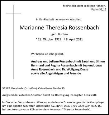 Anzeige von Marianne Theresia Rossenbach von Kölner Stadt-Anzeiger / Kölnische Rundschau / Express
