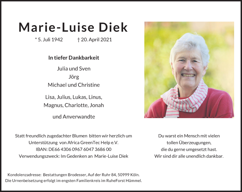  Traueranzeige für Marie-Luise Diek vom 24.04.2021 aus Kölner Stadt-Anzeiger / Kölnische Rundschau / Express