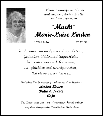 Anzeige von Marie-Luise Linden von Kölner Stadt-Anzeiger / Kölnische Rundschau / Express