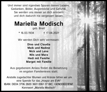 Anzeige von Mariella Modisch von Kölner Stadt-Anzeiger / Kölnische Rundschau / Express