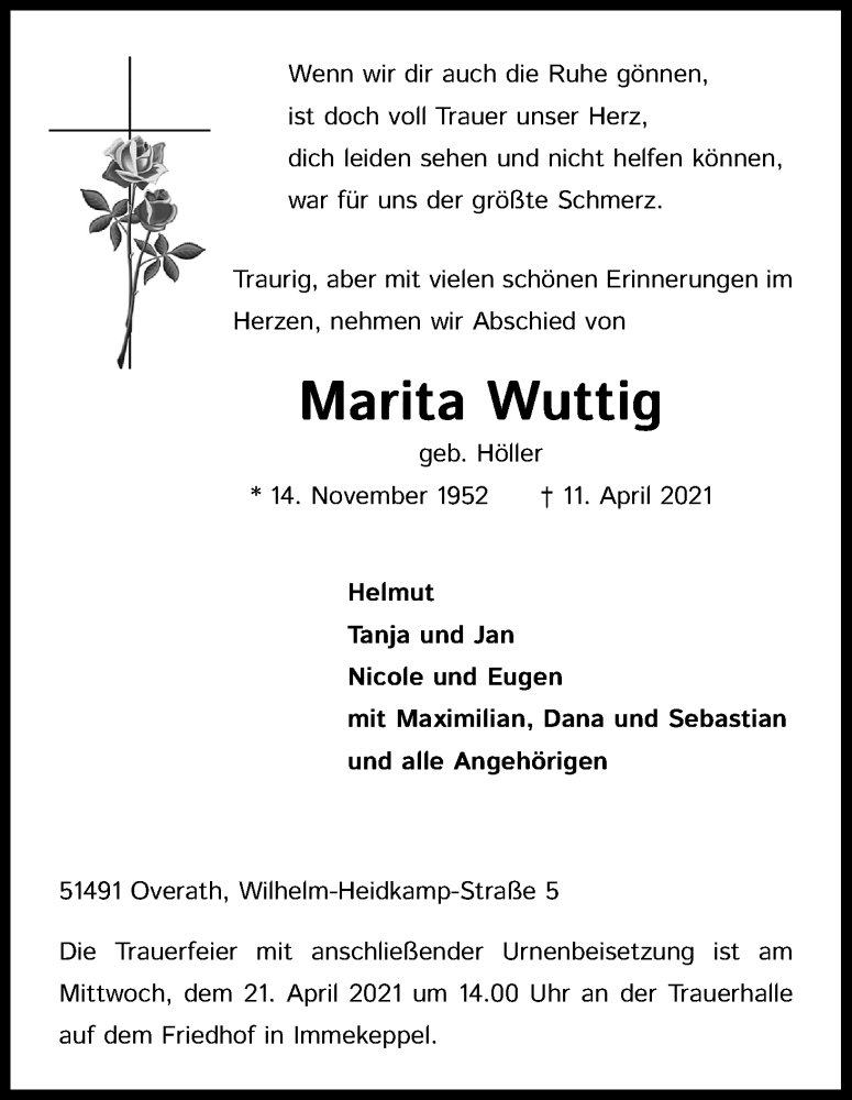  Traueranzeige für Marita Wuttig vom 17.04.2021 aus Kölner Stadt-Anzeiger / Kölnische Rundschau / Express