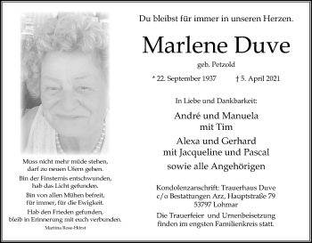 Anzeige von Marlene Duve von Kölner Stadt-Anzeiger / Kölnische Rundschau / Express
