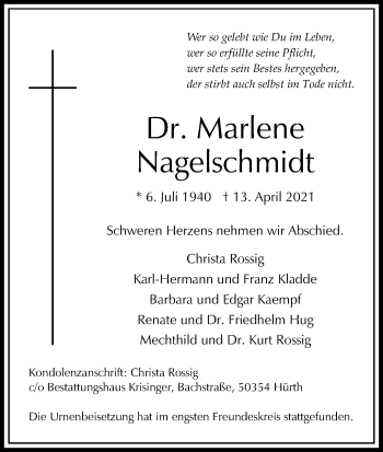 Anzeige von Marlene Nagelschmidt von Kölner Stadt-Anzeiger / Kölnische Rundschau / Express