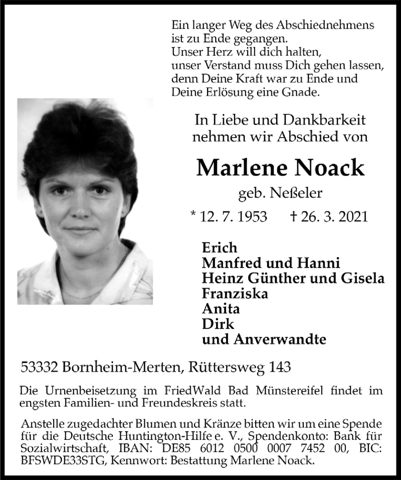  Traueranzeige für Marlene Noack vom 01.04.2021 aus  Schaufenster/Blickpunkt 