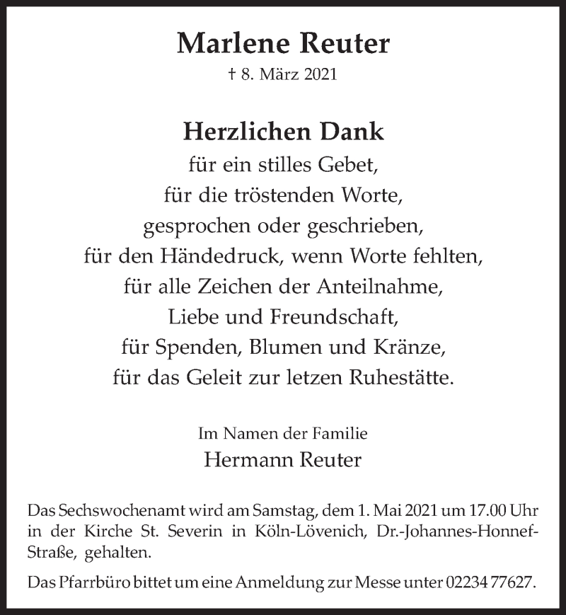  Traueranzeige für Marlene Reuter vom 16.04.2021 aus  Kölner Wochenspiegel 