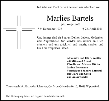 Anzeige von Marlies Bartels von Kölner Stadt-Anzeiger / Kölnische Rundschau / Express