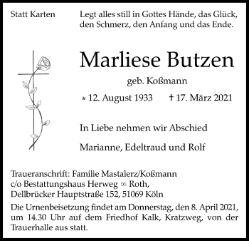 Anzeige von Marliese Butzen von Kölner Stadt-Anzeiger / Kölnische Rundschau / Express