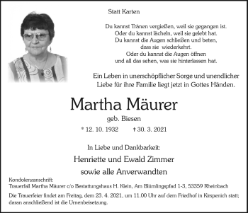 Anzeige von Martha Mäurer von  Blickpunkt Euskirchen 