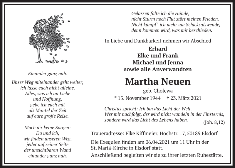  Traueranzeige für Martha Neuen vom 01.04.2021 aus  Werbepost 