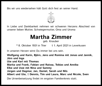 Anzeige von Martha Zimmer von Kölner Stadt-Anzeiger / Kölnische Rundschau / Express
