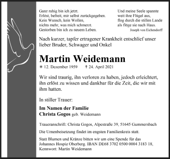 Anzeige von Martin Weidemann von  Anzeigen Echo 