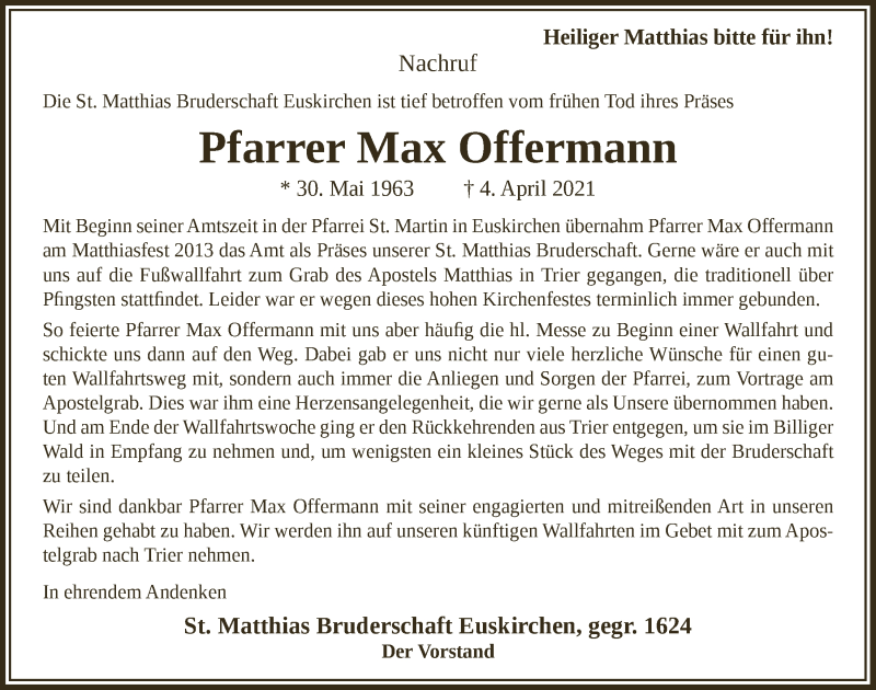  Traueranzeige für Max Offermann vom 17.04.2021 aus  Blickpunkt Euskirchen 