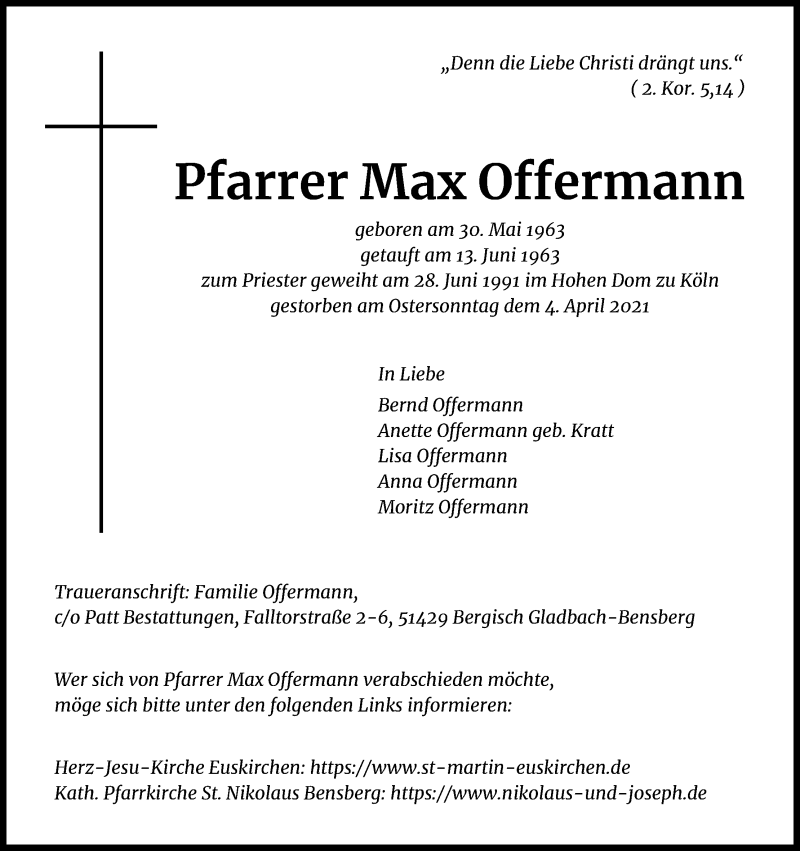  Traueranzeige für Max Offermann vom 09.04.2021 aus Kölner Stadt-Anzeiger / Kölnische Rundschau / Express