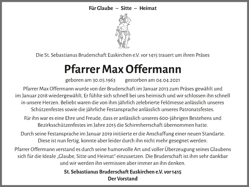  Traueranzeige für Max Offermann vom 10.04.2021 aus  Blickpunkt Euskirchen 