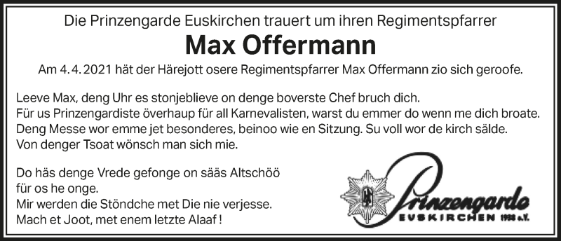  Traueranzeige für Max Offermann vom 17.04.2021 aus  Blickpunkt Euskirchen 