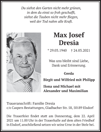 Anzeige von Max Josef Dresia von  Werbepost 