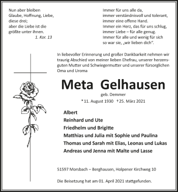 Anzeige von Meta Gelhausen von  Lokalanzeiger 