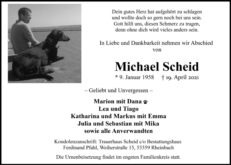  Traueranzeige für Michael Scheid vom 23.04.2021 aus  Schaufenster/Blickpunkt 