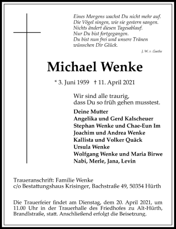 Anzeige von Michael Wenke von  Wochenende 