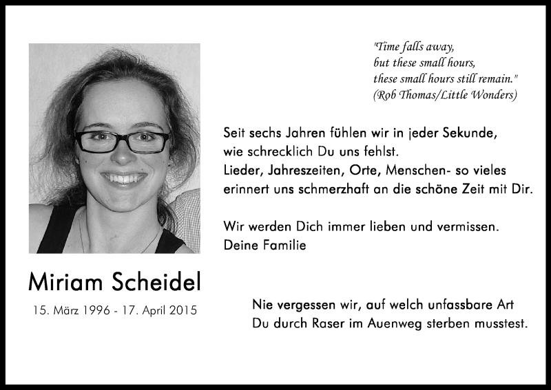  Traueranzeige für Miriam Scheidel vom 17.04.2021 aus Kölner Stadt-Anzeiger / Kölnische Rundschau / Express