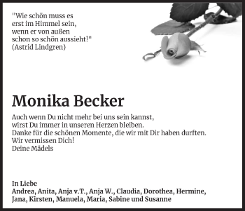 Anzeige von Monika Becker von Kölner Stadt-Anzeiger / Kölnische Rundschau / Express