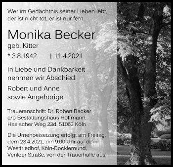 Anzeige von Monika Becker von Kölner Stadt-Anzeiger / Kölnische Rundschau / Express