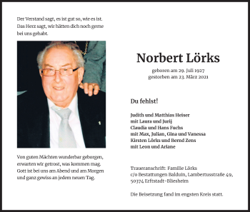 Anzeige von Norbert Lörks von Kölner Stadt-Anzeiger / Kölnische Rundschau / Express