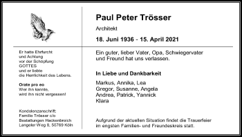 Anzeige von Paul Peter Trösser von Kölner Stadt-Anzeiger / Kölnische Rundschau / Express