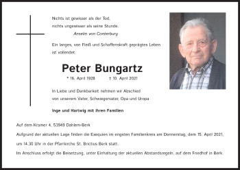 Anzeige von Peter Bungartz von Kölner Stadt-Anzeiger / Kölnische Rundschau / Express
