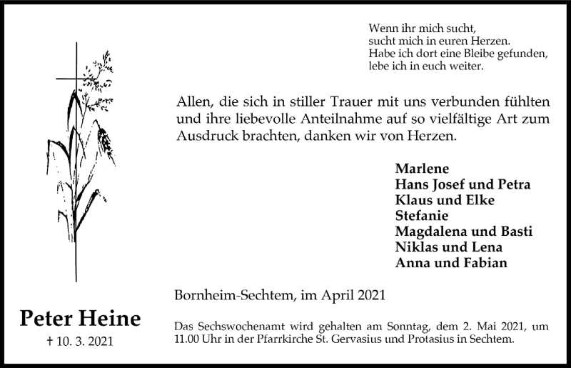 Traueranzeige für Peter Heine vom 29.04.2021 aus  Schaufenster/Blickpunkt  Schlossbote/Werbekurier 