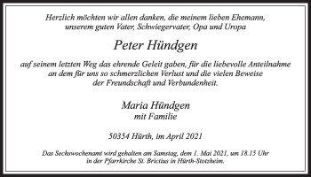 Anzeige von Peter Hüdgen von  Wochenende 