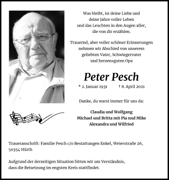 Anzeige von Peter Pesch von Kölner Stadt-Anzeiger / Kölnische Rundschau / Express
