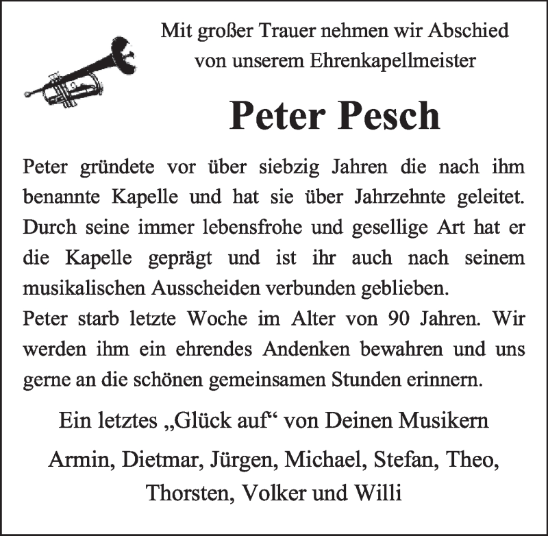  Traueranzeige für Peter Pesch vom 16.04.2021 aus  Wochenende 