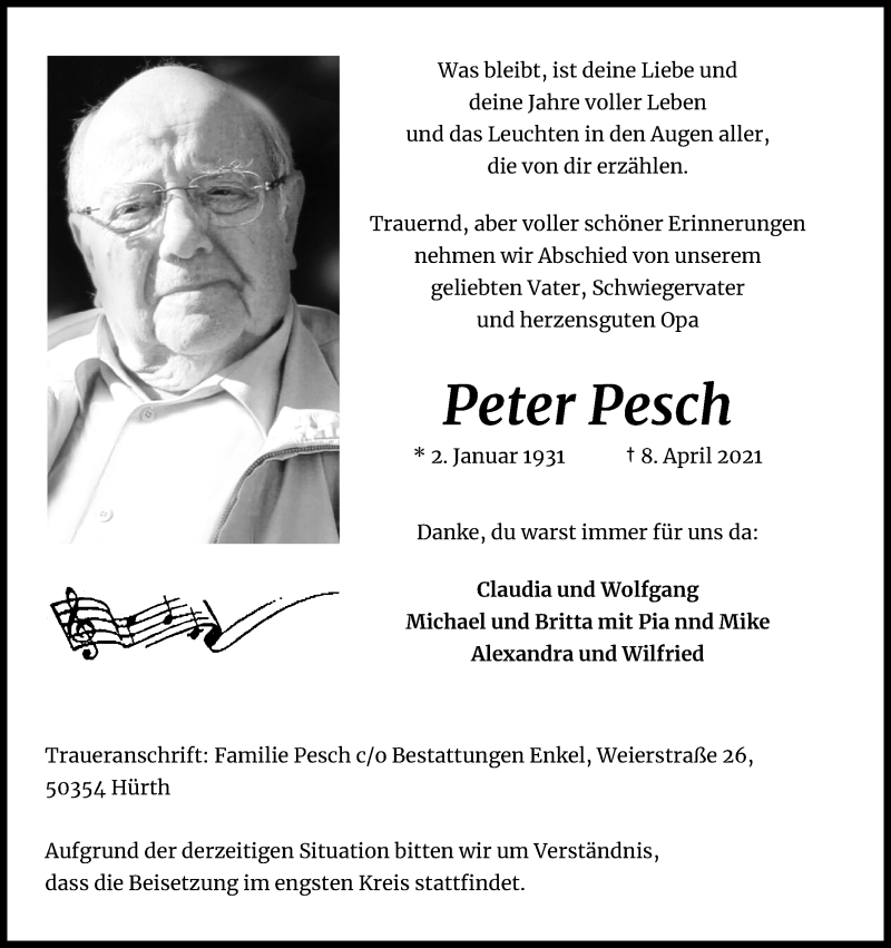  Traueranzeige für Peter Pesch vom 12.04.2021 aus Kölner Stadt-Anzeiger / Kölnische Rundschau / Express