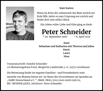 Anzeige von Peter Schneider von Kölner Stadt-Anzeiger / Kölnische Rundschau / Express