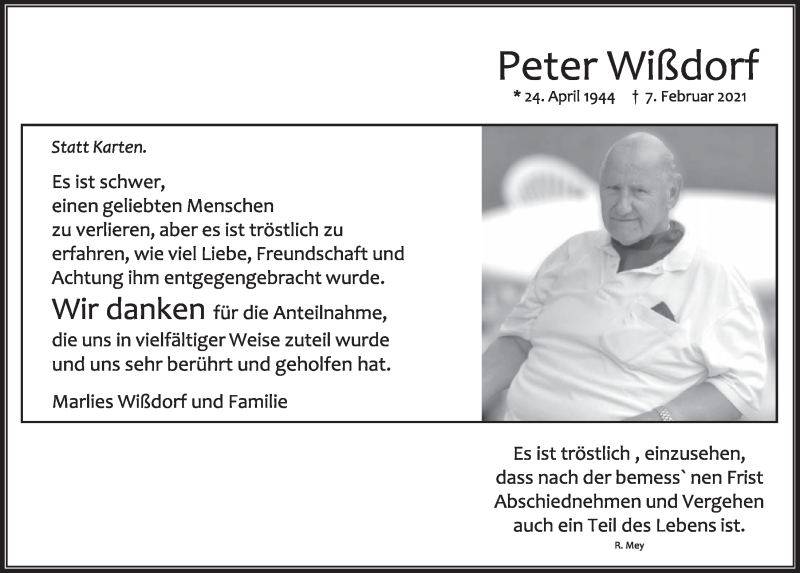  Traueranzeige für Peter Wißdorf vom 23.04.2021 aus  Werbepost 