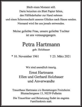 Anzeige von Petra Hartmann von  Wochenende 