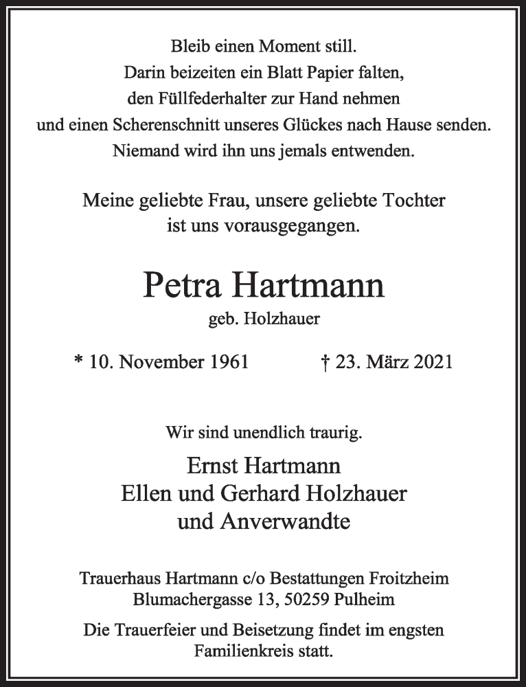  Traueranzeige für Petra Hartmann vom 01.04.2021 aus  Wochenende 