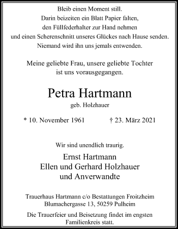 Anzeige von Petra Hartmann von Kölner Stadt-Anzeiger / Kölnische Rundschau / Express