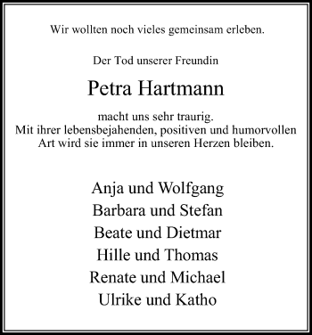 Anzeige von Petra Hartmann von Kölner Stadt-Anzeiger / Kölnische Rundschau / Express