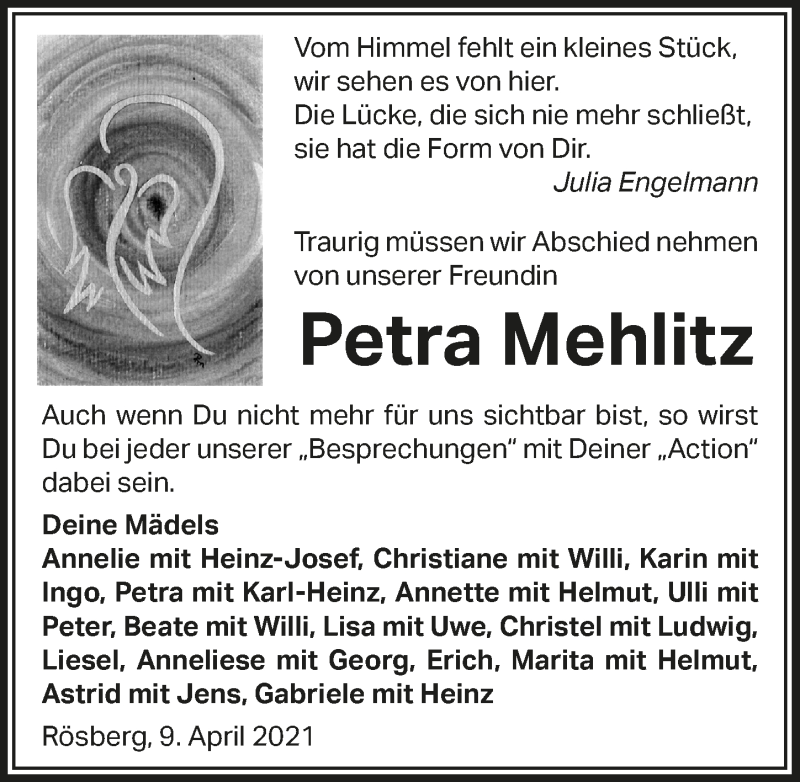  Traueranzeige für Petra Mehlitz vom 16.04.2021 aus  Schaufenster/Blickpunkt 