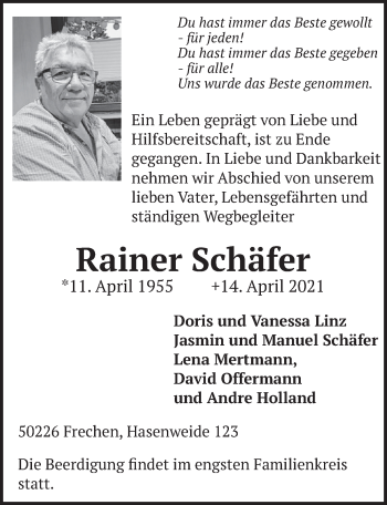 Anzeige von Rainer Schäfer von  Wochenende 