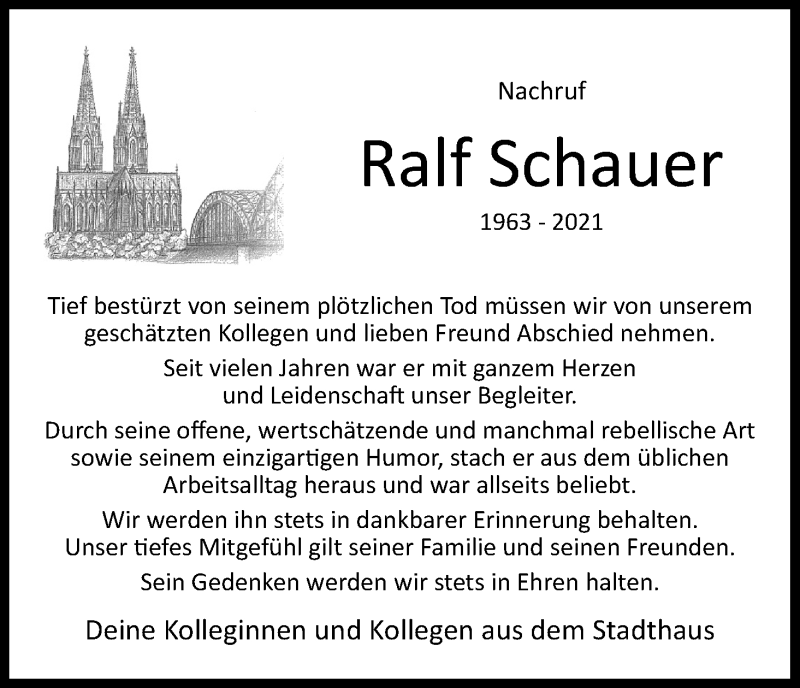  Traueranzeige für Ralf Schauer vom 01.05.2021 aus Kölner Stadt-Anzeiger / Kölnische Rundschau / Express