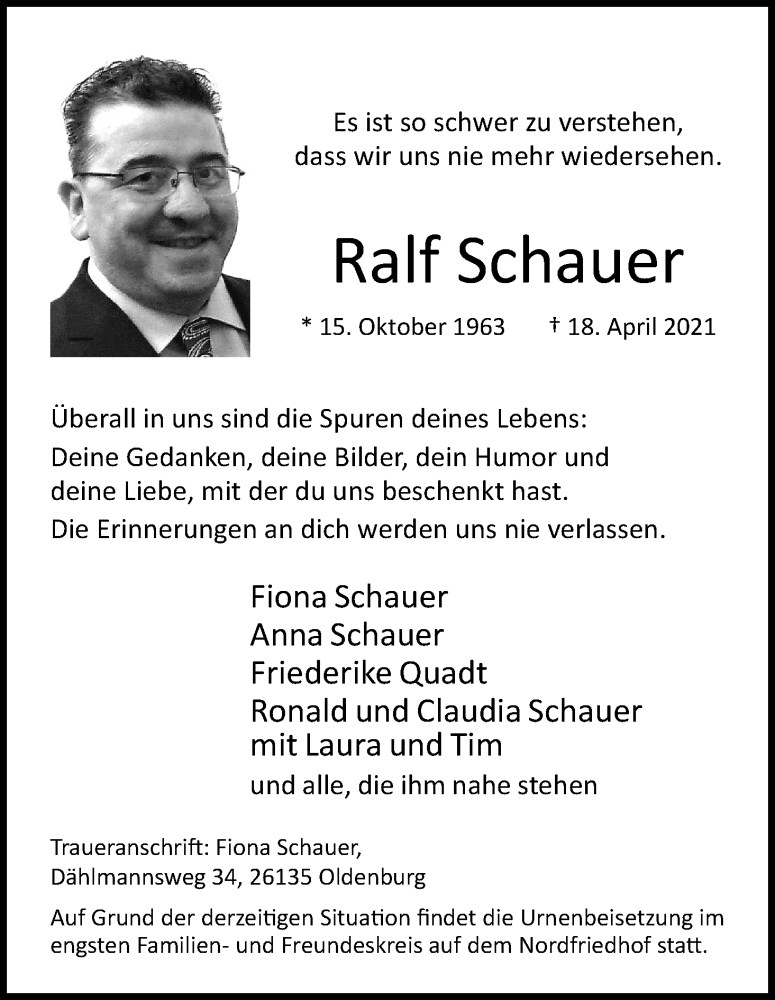  Traueranzeige für Ralf Schauer vom 01.05.2021 aus Kölner Stadt-Anzeiger / Kölnische Rundschau / Express