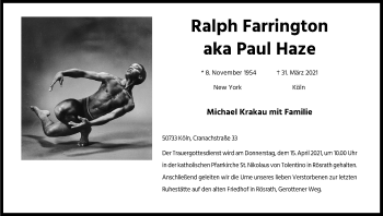 Anzeige von Ralph Farrington von Kölner Stadt-Anzeiger / Kölnische Rundschau / Express