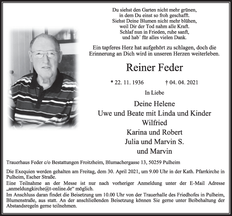  Traueranzeige für Reiner Feder vom 16.04.2021 aus  Wochenende 